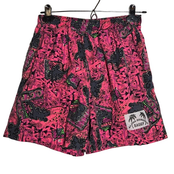 Aloha Hawaiian Baggy Pants - Vintage 90s Aloha Hawaiian Baggy Womens Pink Lizard Geometric Print Shorts Retro